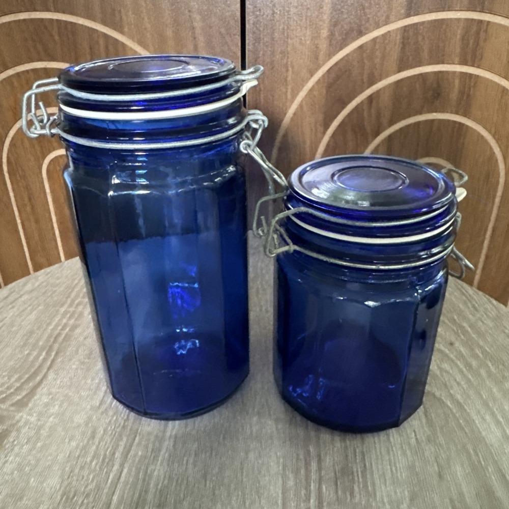 Vintage Cobalt Blue Glass Storage Jars 8 Inch And 6 Inches Set Of 2